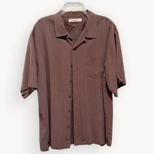 Tommy Bahama 100% silk short sleeve shirt, chocolate brown textured stripe XL​​